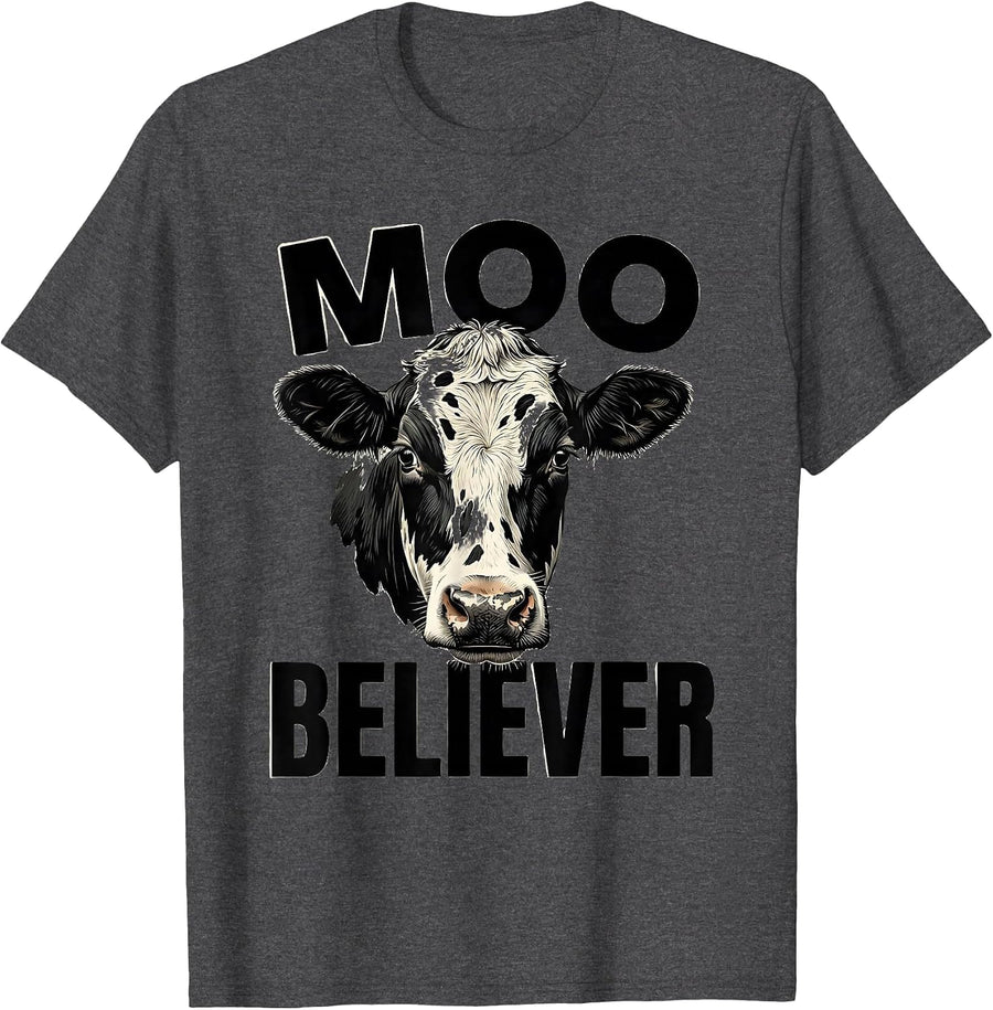 Men's Moo Believer Funny Farm Animal Pun Humor Cow Lover T-Shirt - Dark Heather Grey