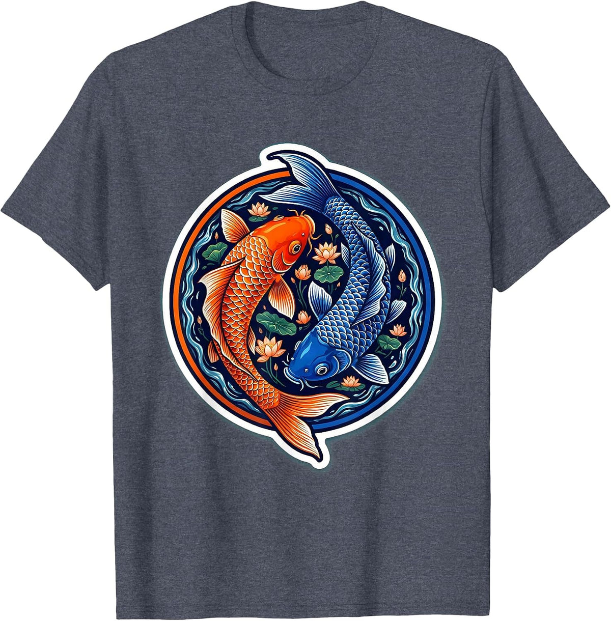 Koi Fish Yin Yang Circular Design T-Shirt - Heather Blue