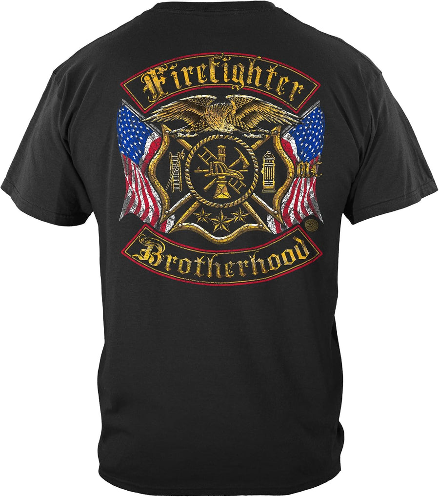 Erazor Bits Firefighter T Shirt - Distressed Double Flagged Brotherhood - Gold Foil Tshirt - Black
