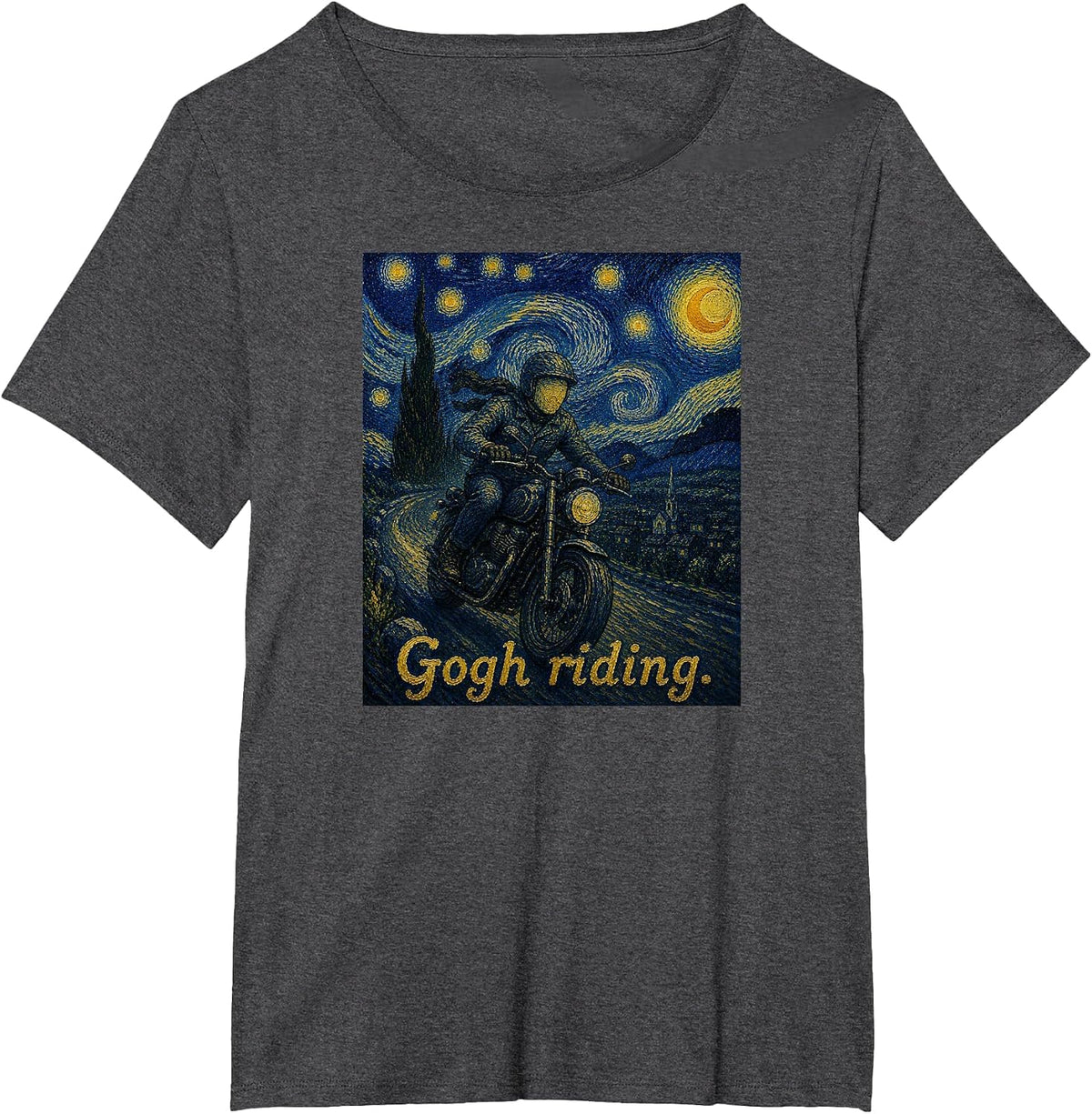 Gogh Riding Motorcycle Funny Van Gogh Motorbike Rider Biker T-Shirt - Dark Heather Grey