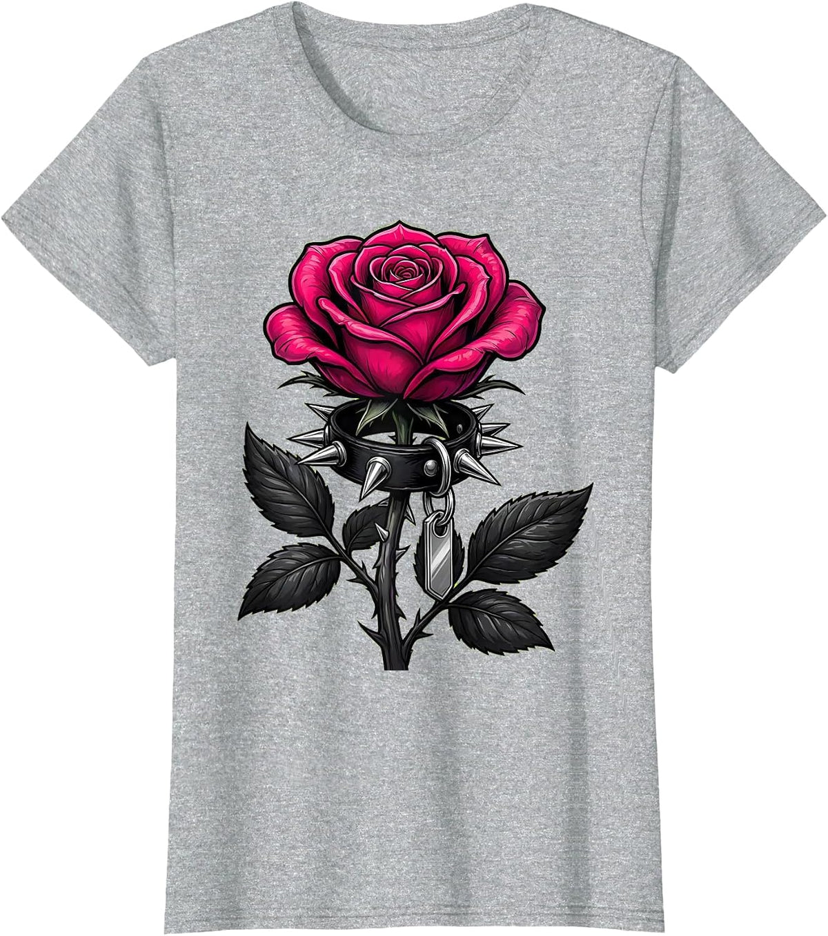 Women's Spiked Collar Rose Stem Brat Graphic Design T-Shirt - Heather Grey