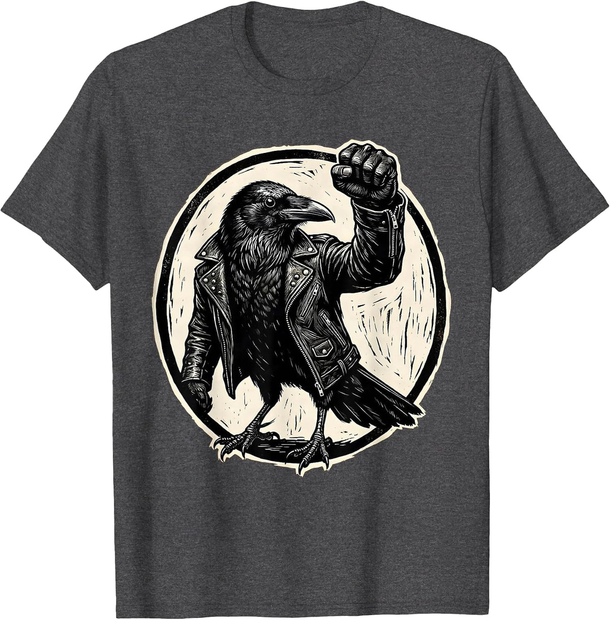 Rebel Crow Leather Jacket Raised Fist Design T-Shirt - Dark Heather Grey
