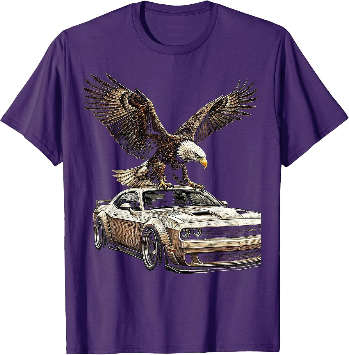 Eagle Perched on Muscle Car Graphic Design T-Shirt - Purple