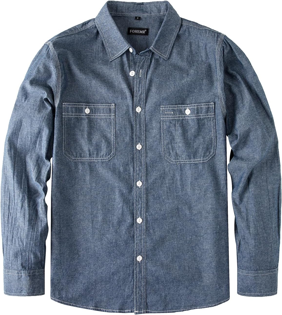 fohemr Men's Chambray Shirt Work Button Down Long Sleeve with Two Pocket - Dark Blue07