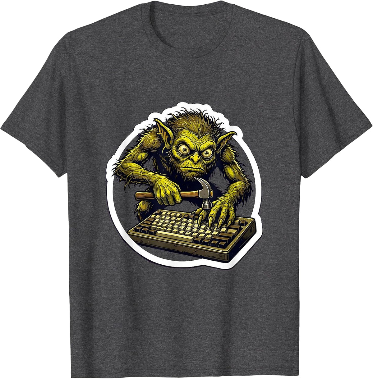 Furious Gremlin Typing on Old Keyboard Graphic T-Shirt - Dark Heather Grey