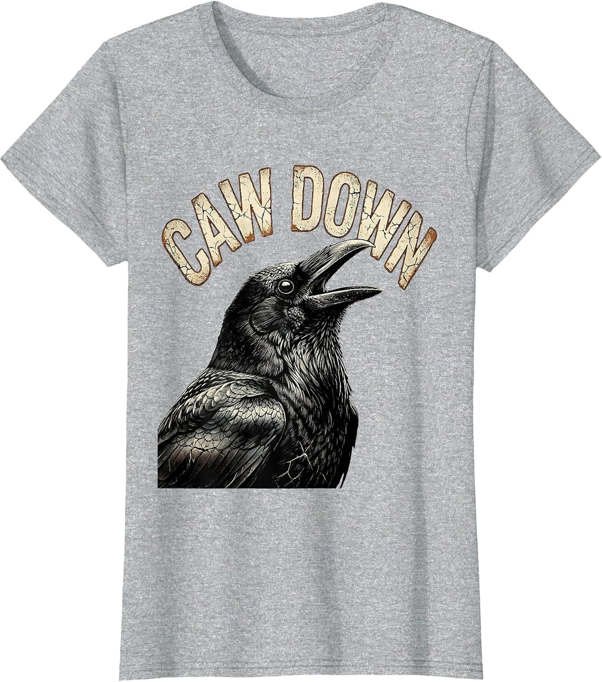 Caw Down Distressed Crow Gothic Bird Pun Humor T-Shirt - Heather Grey