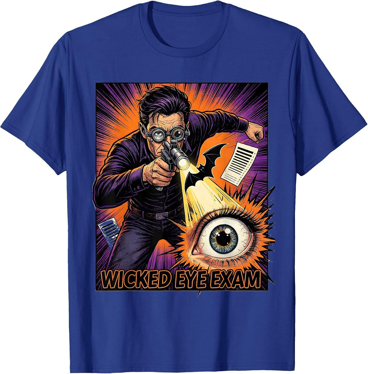 Men's Wicked Eye Exam Comic Book Optometrist Halloween Humor T-Shirt - Royal Blue