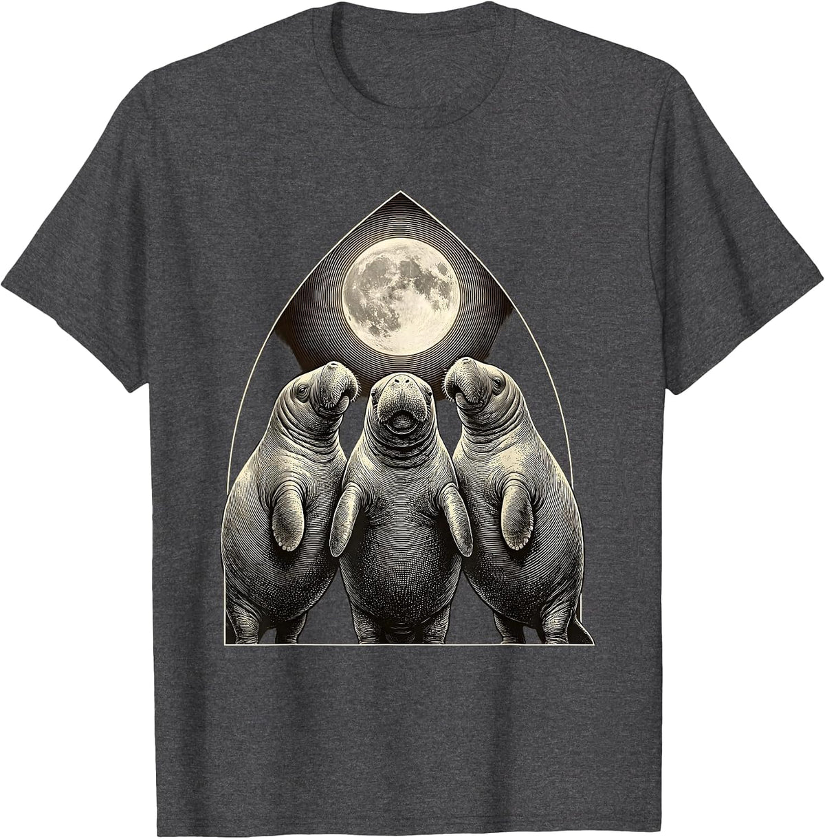 Men's Three Manatees Moon Crosshatch Etching Absurdist Meme T-Shirt - Dark Heather Grey