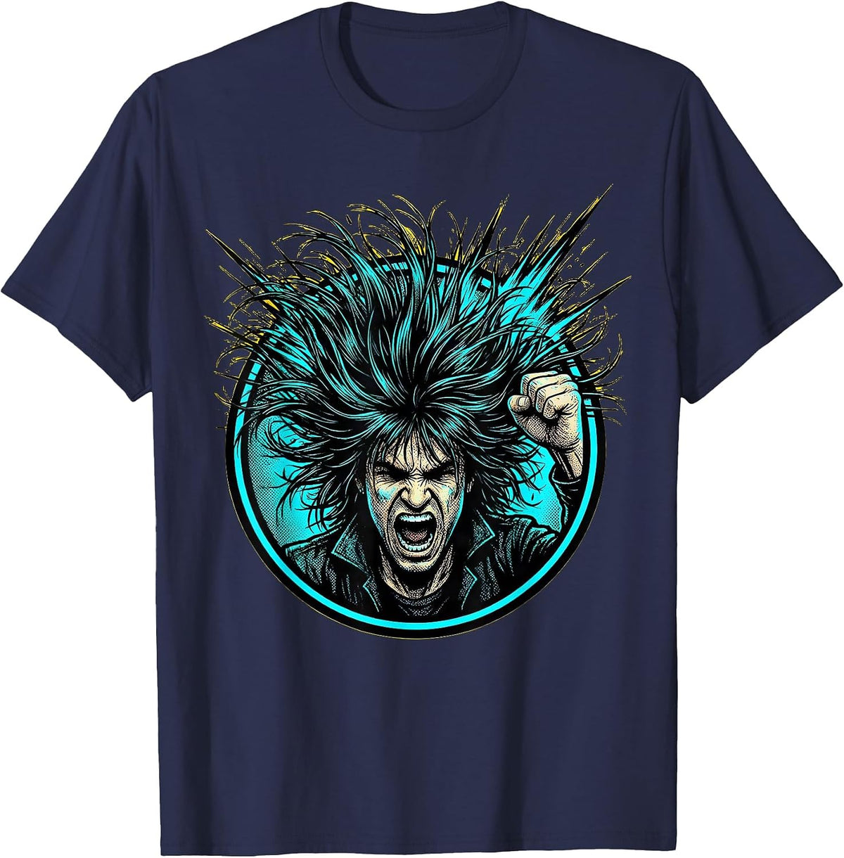 Men's Headbanging Rocker Wild Flying Hair Graphic T-Shirt - Navy Blue