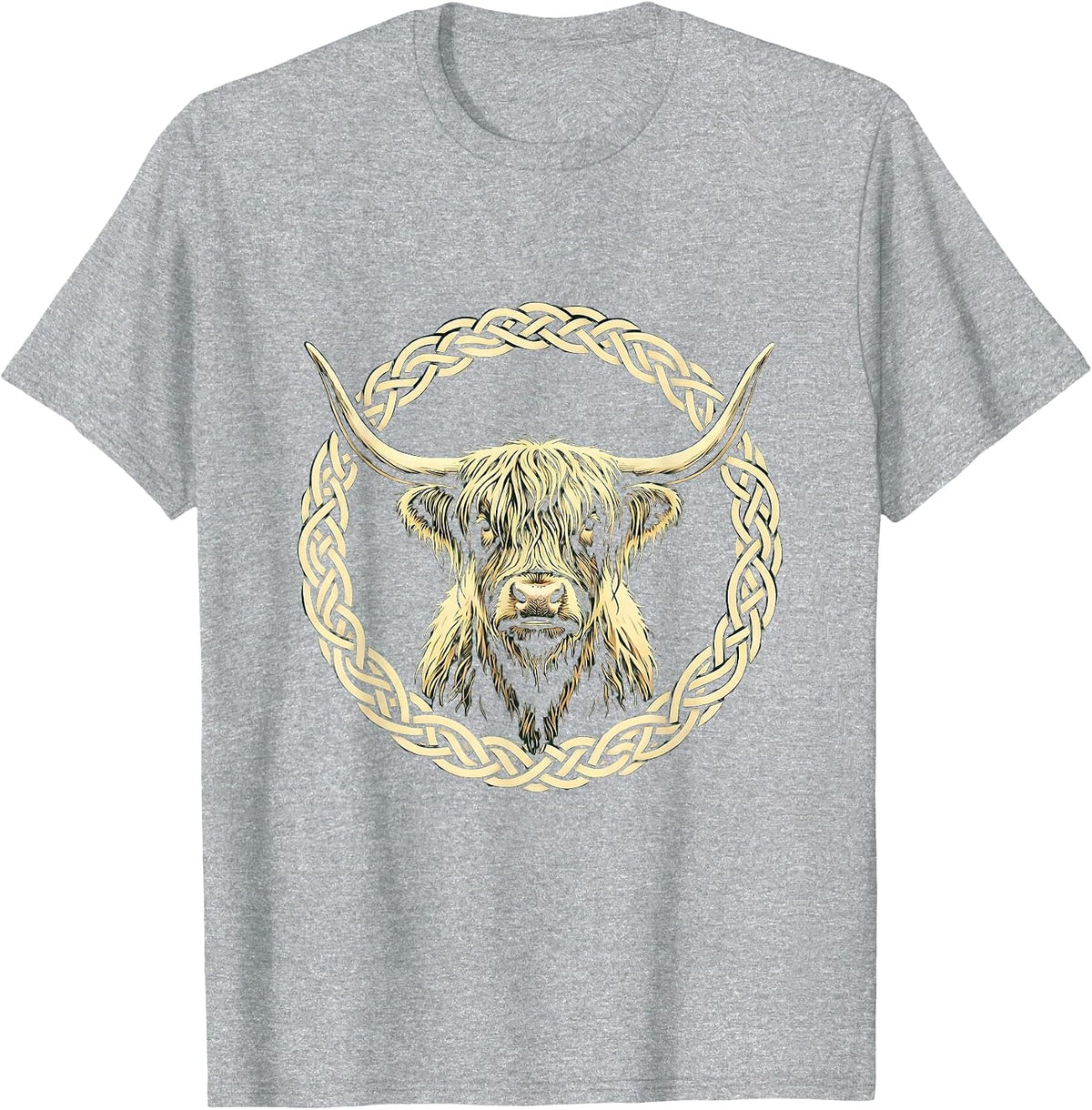 Men's Highland Cow Celtic Knotwork Illustration T-Shirt - Heather Grey