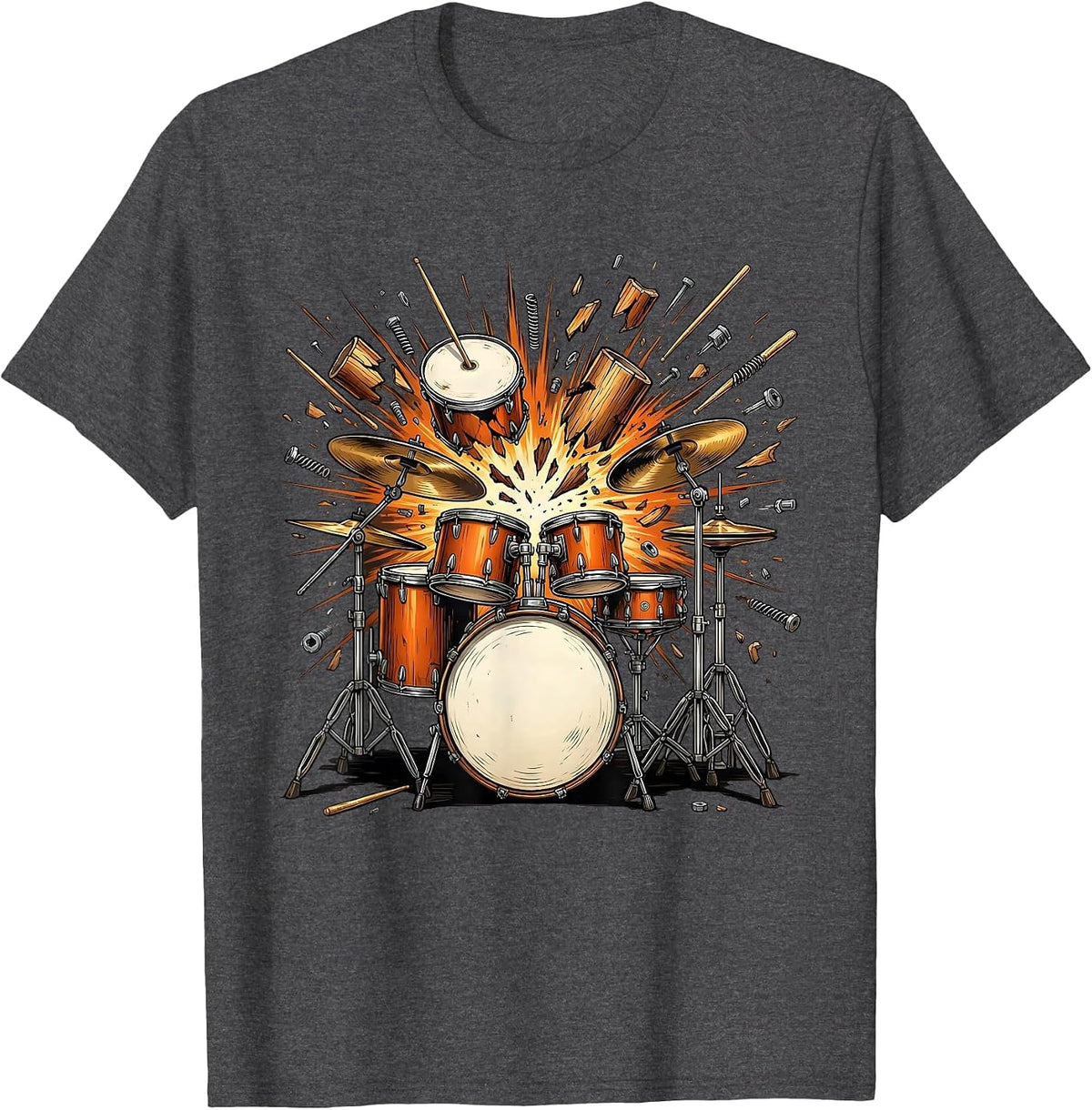 Exploding Drum Kit Shrapnel Illustration T-Shirt - Dark Heather Grey