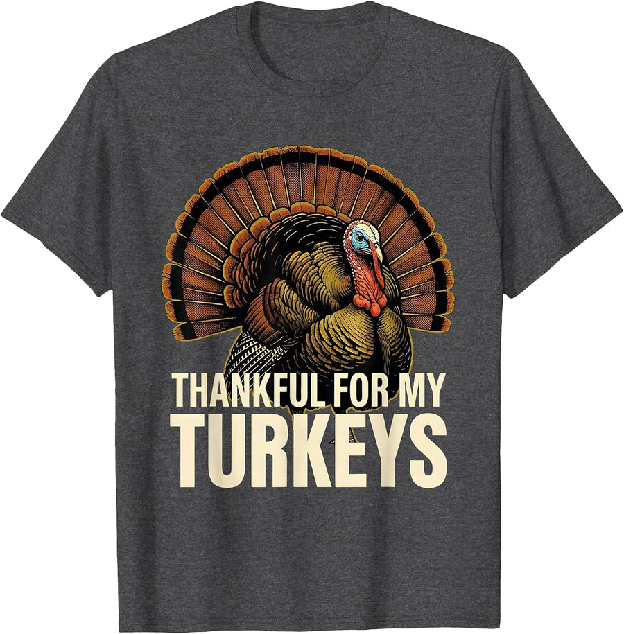 Men's Thankful For My Turkeys Funny Turkey Family Thanksgiving T-Shirt - Dark Heather Grey