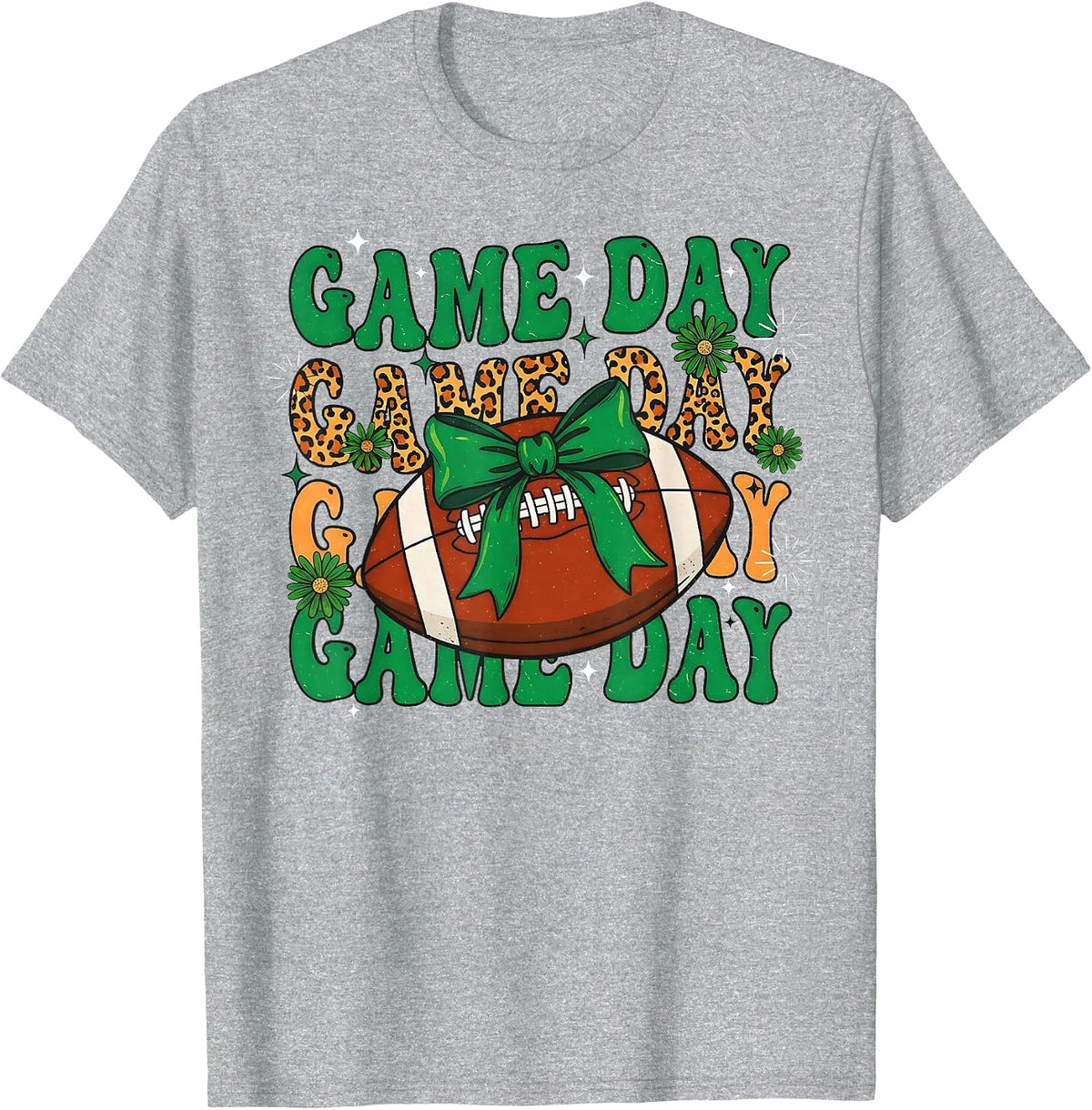Green Leopard Game Day Football Bow Touchdown Season T-Shirt - Heather Grey