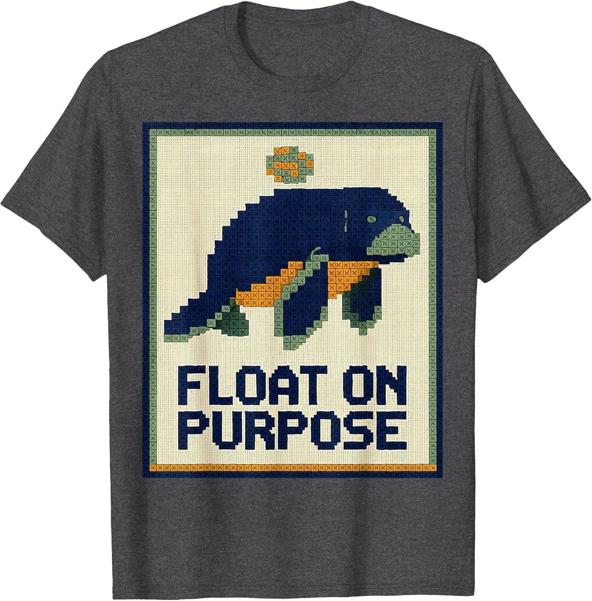 Men's Float On Purpose Manatee Lover Sea Cow Humor Cross Stitch T-Shirt - Dark Heather Grey