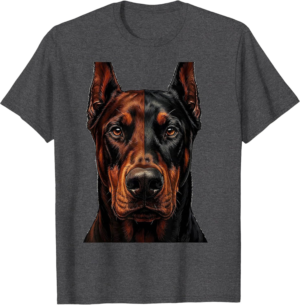 Men's Doberman Face Split Two-Tone Graphic Design T-Shirt - Dark Heather Grey
