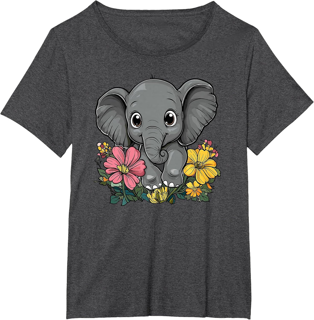 Cute Elephant Surrounded By Flowers T-Shirt - Dark Heather Grey