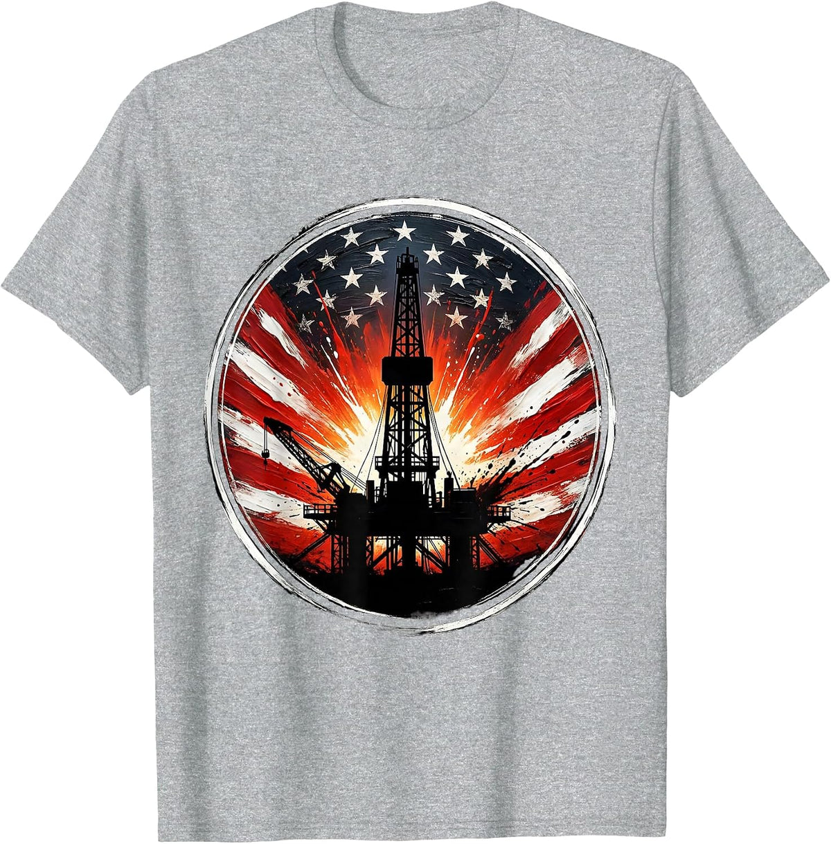 Men's Oil Rig Sunset Silhouette Graphic Design T-Shirt - Heather Grey