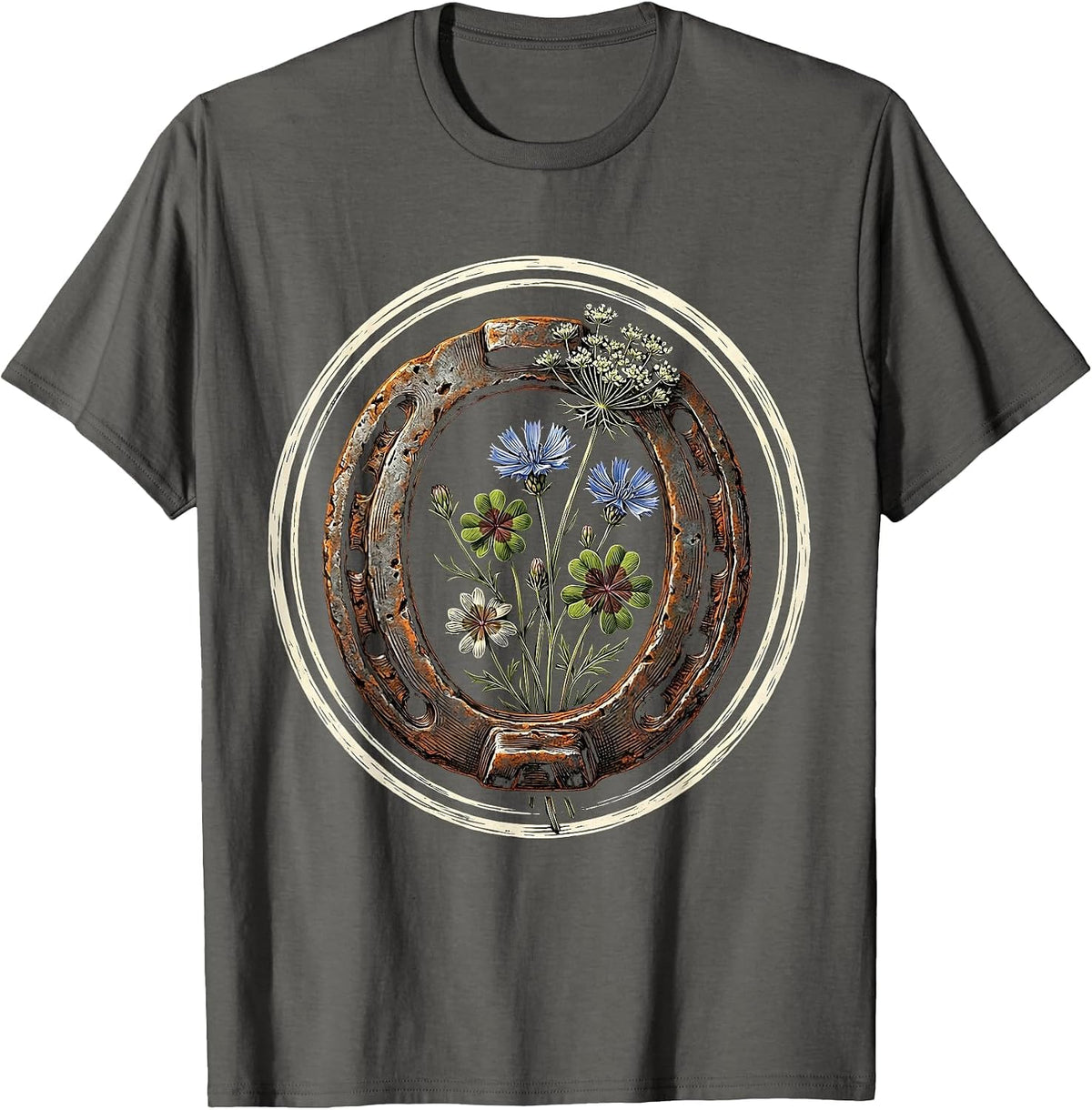 Horseshoe and Wildflowers Close-Up Graphic T-Shirt - Asphalt Grey