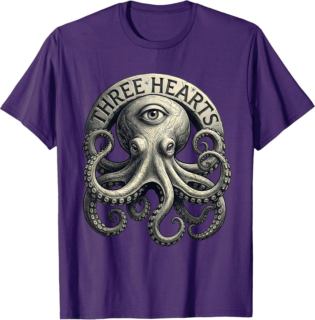 Men's Three Hearts Tactile Monochrome Octopus Lover Ocean Animal T-Shirt - Purple