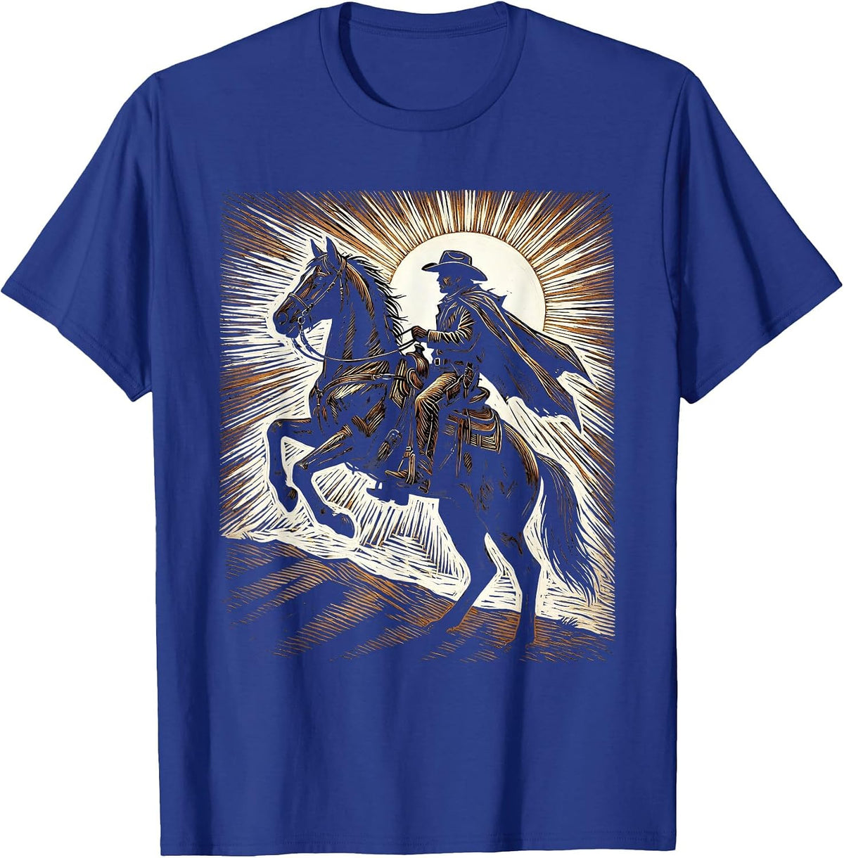 Cowboy Silhouette Sunset Horseback Riding Design T-Shirt - Royal Blue