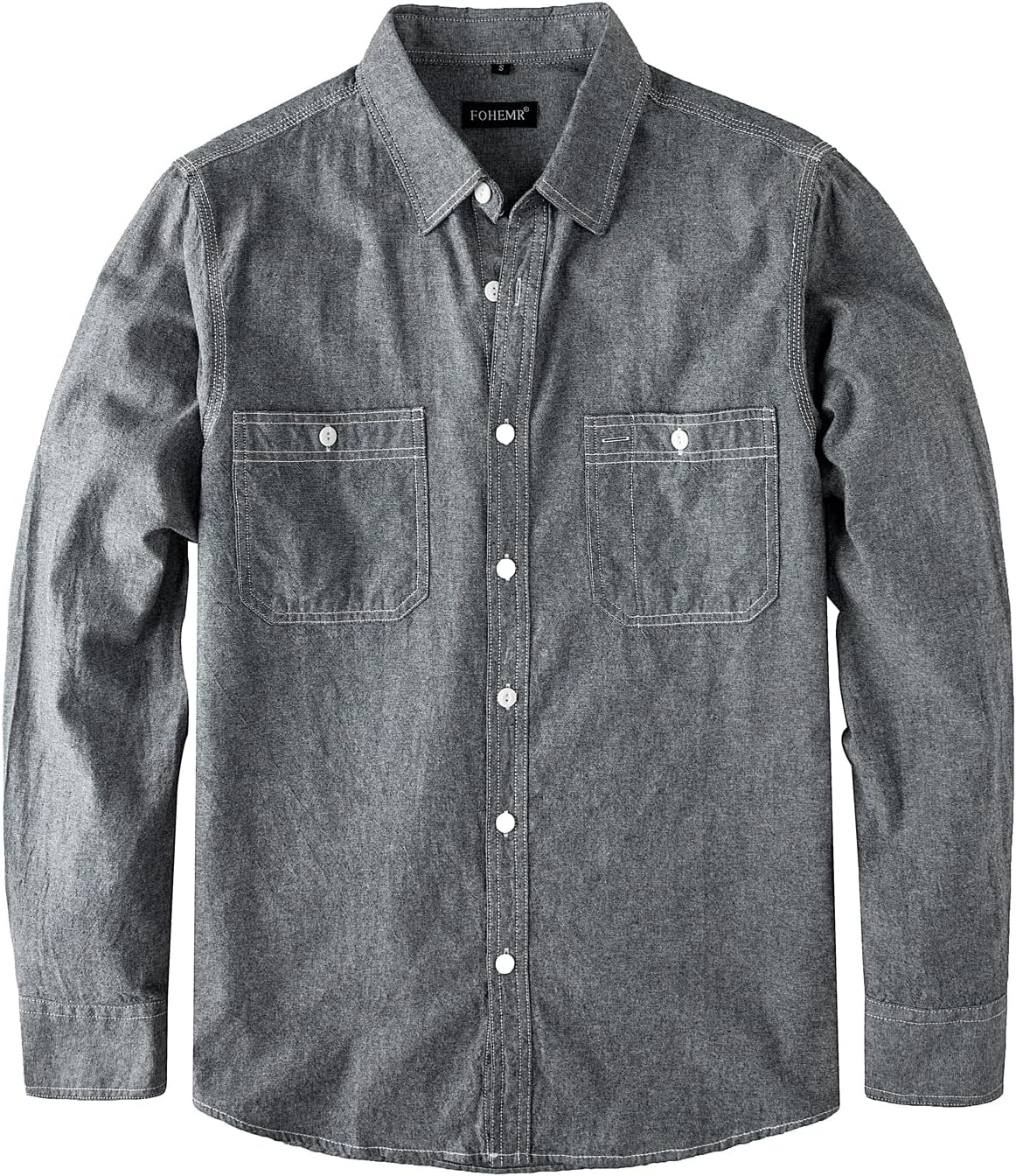 fohemr Men's Chambray Shirt Work Button Down Long Sleeve with Two Pocket - Dark Gray01
