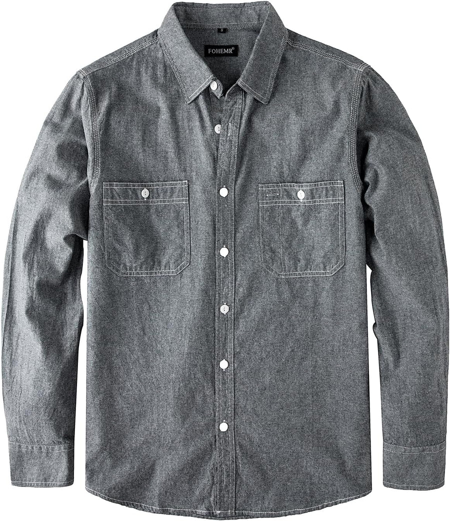 fohemr Men's Chambray Shirt Work Button Down Long Sleeve with Two Pocket - Dark Gray01