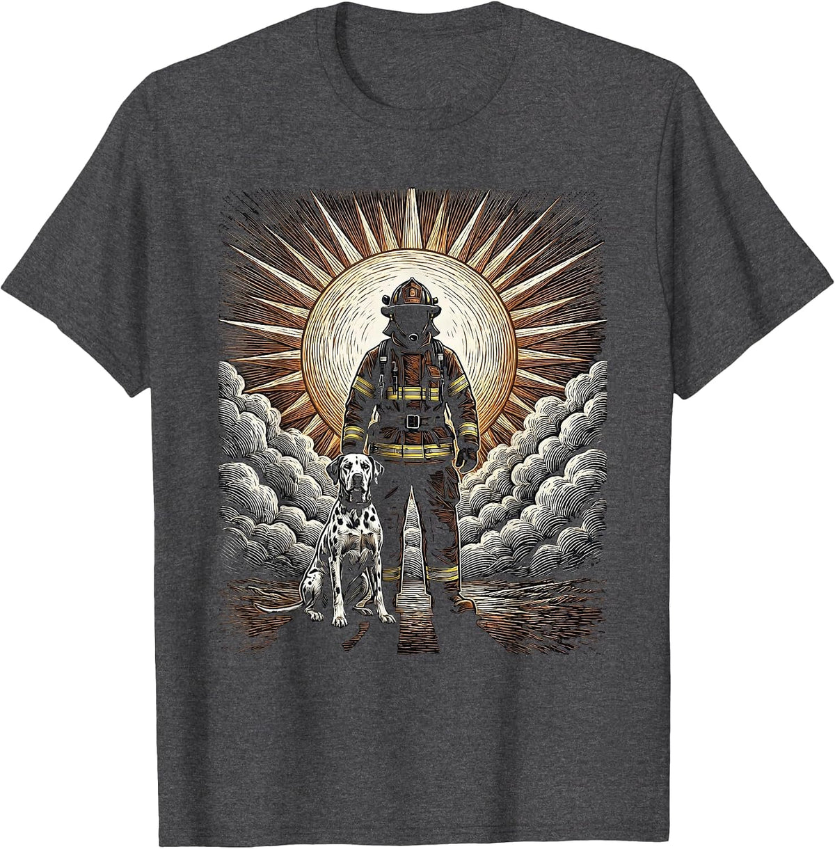Dalmatian Firefighter Silhouette Sunset Design T-Shirt - Dark Heather Grey