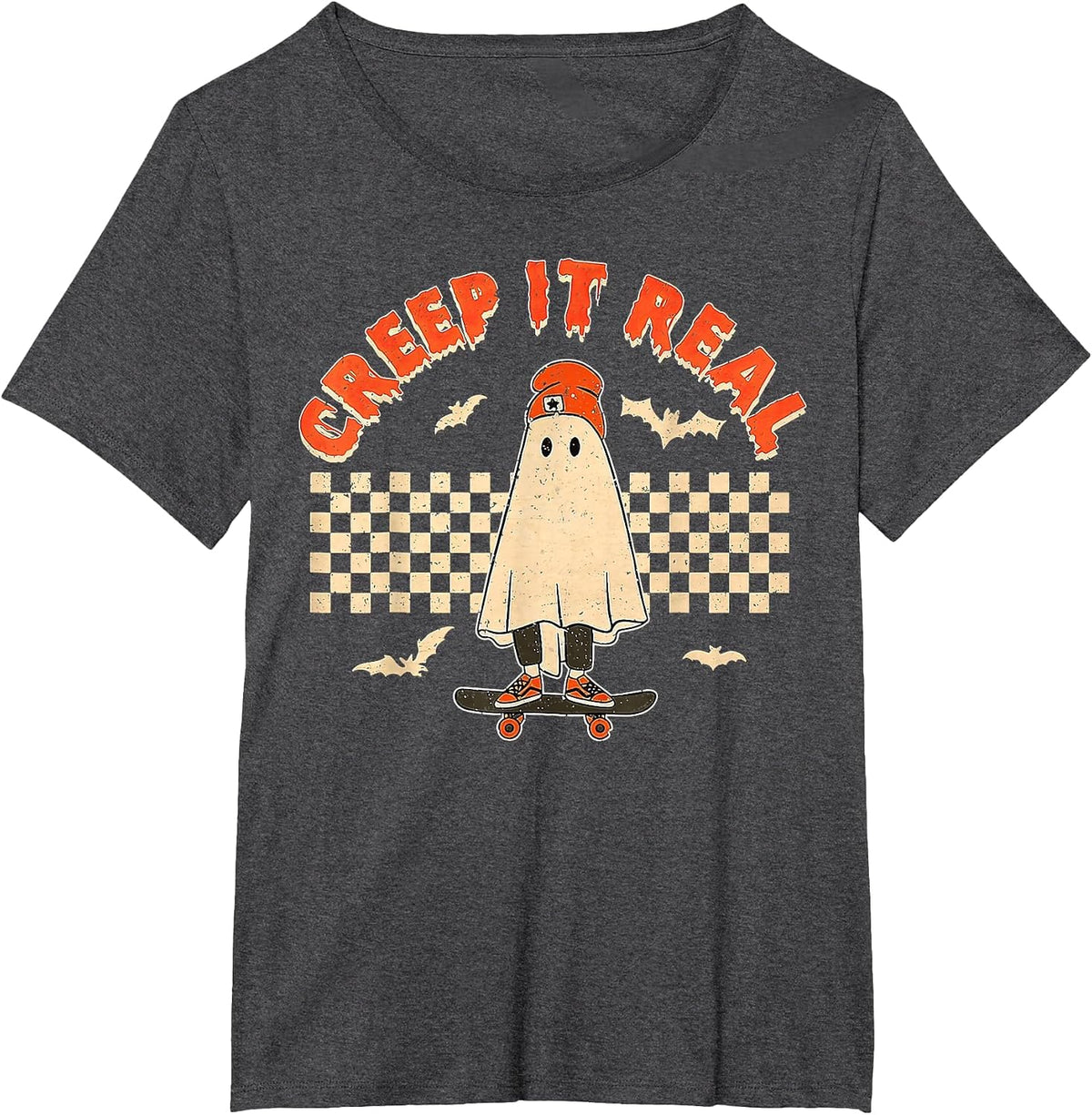 Creep It Real Skateboarding Ghost Retro Halloween Costume T-Shirt - Dark Heather Grey