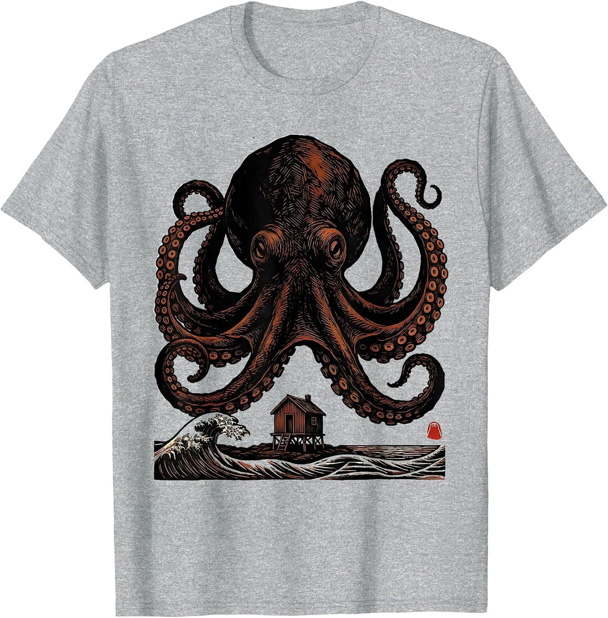 Men's Domed Octopus Linocut Ocean Animal Lover Art T-Shirt - Heather Grey