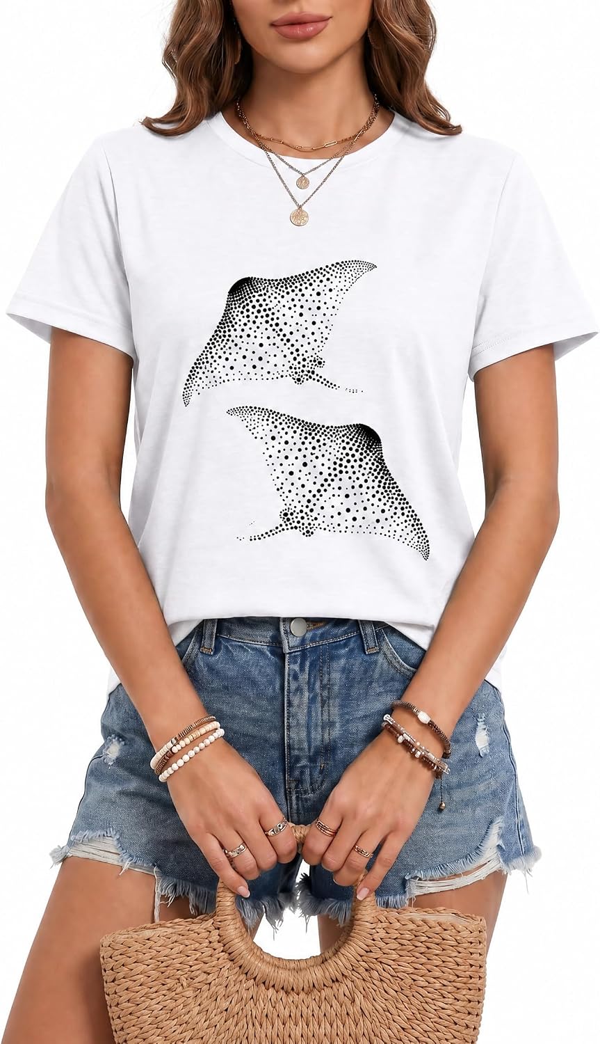 Women's Cute Animal Print Crewneck Short Sleeve Summer Tee - D20-white