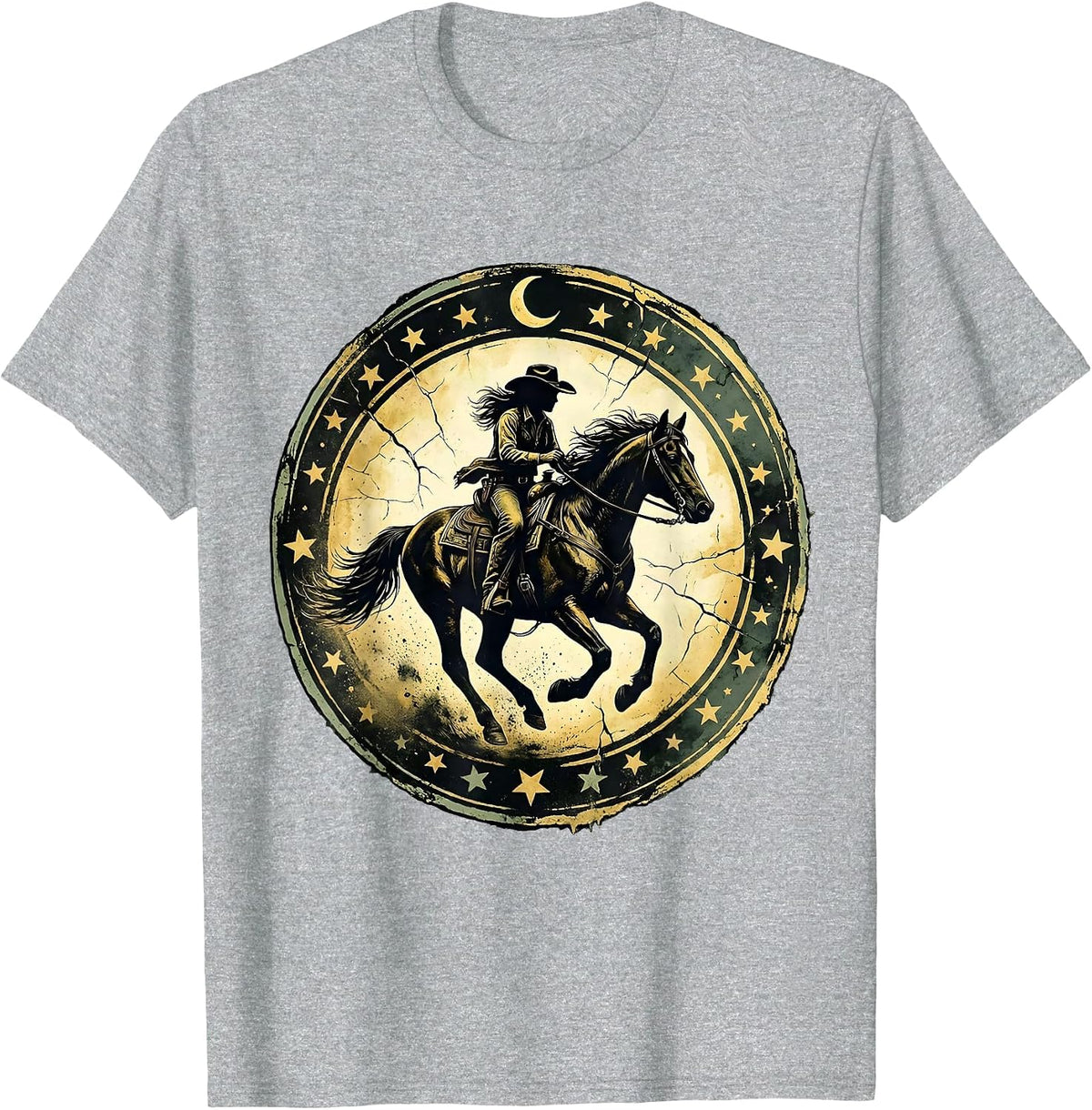Men's Cowgirl Riding Horse Under Starry Night Sky T-Shirt - Heather Grey