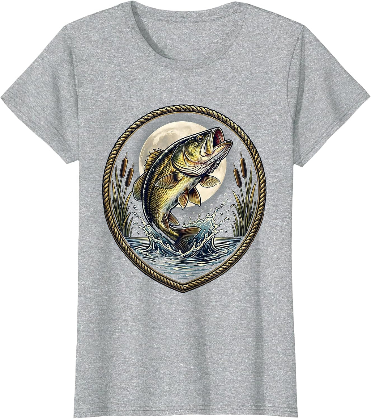 Bass Breaking Surface Full Moon Fishing Graphic T-Shirt - Heather Grey