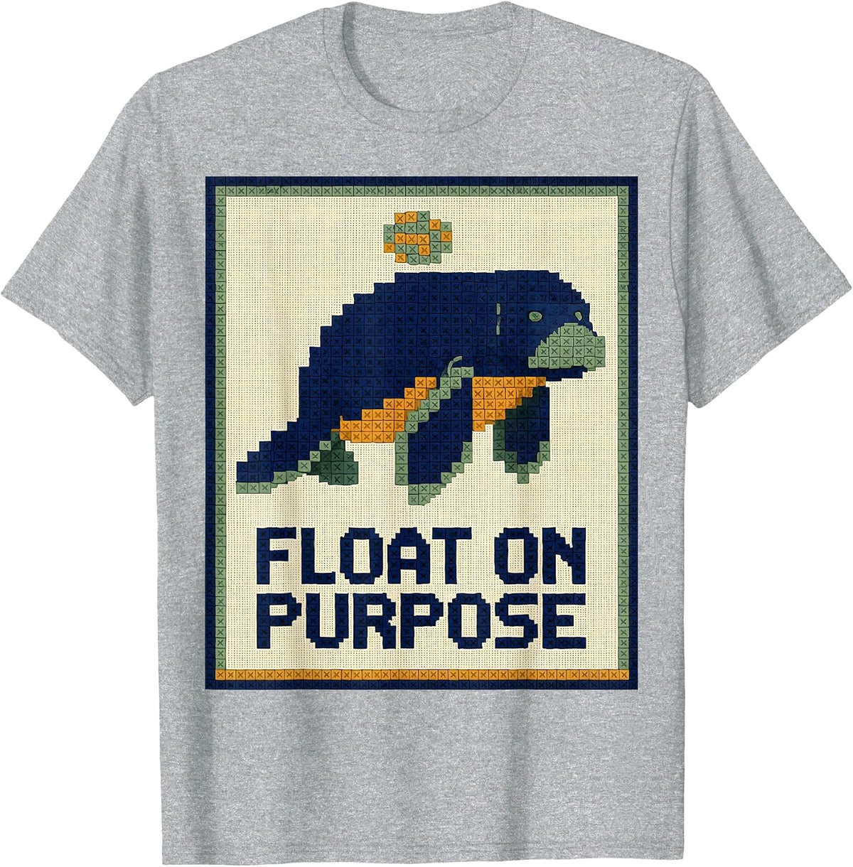 Men's Float On Purpose Manatee Lover Sea Cow Humor Cross Stitch T-Shirt - Heather Grey