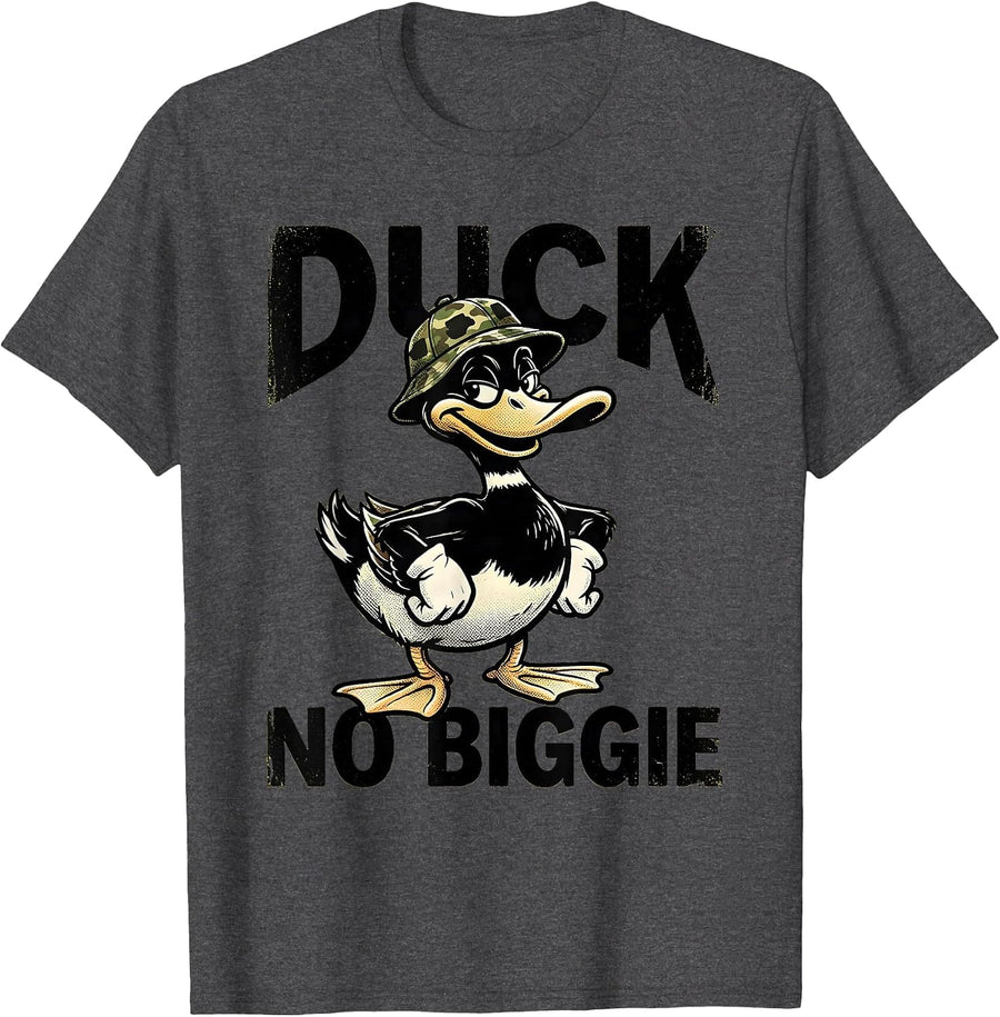 Men's Duck, No Biggie Retro Cartoon Duck Hunting Camo Humor T-Shirt - Dark Heather Grey
