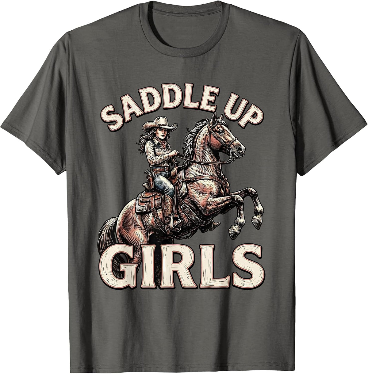 Saddle Up Girls Cowgirl Western Design T-Shirt - Asphalt Grey