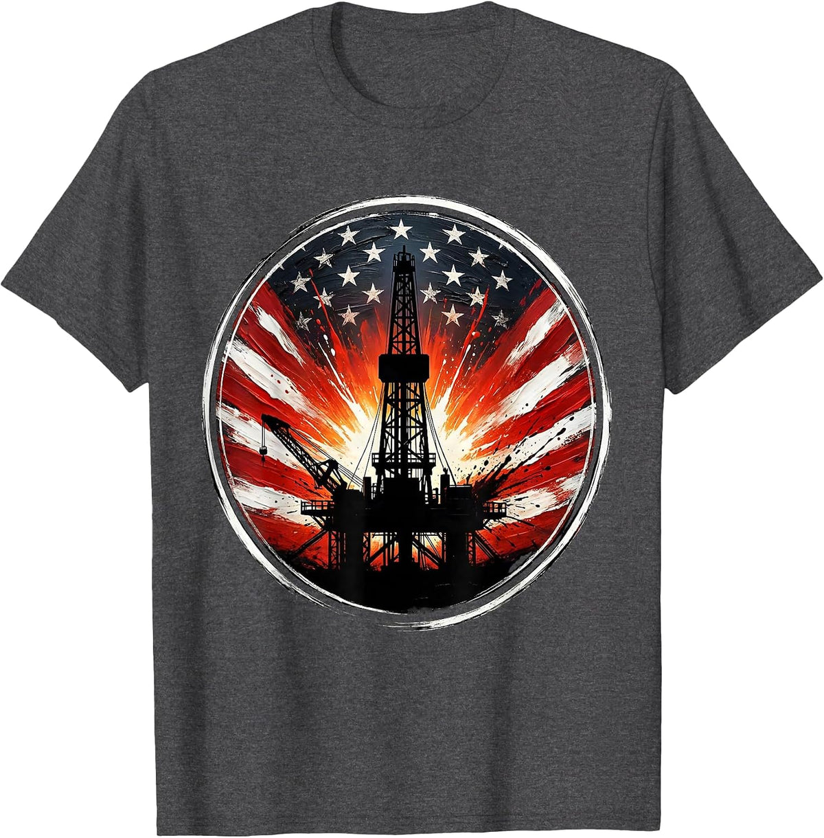 Men's Oil Rig Sunset Silhouette Graphic Design T-Shirt - Dark Heather Grey