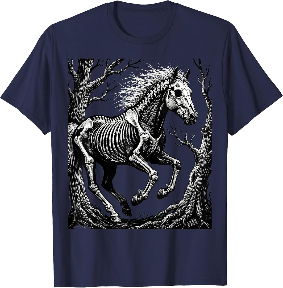 Skeleton Horse Running Through Dark Forest T-Shirt - Navy Blue