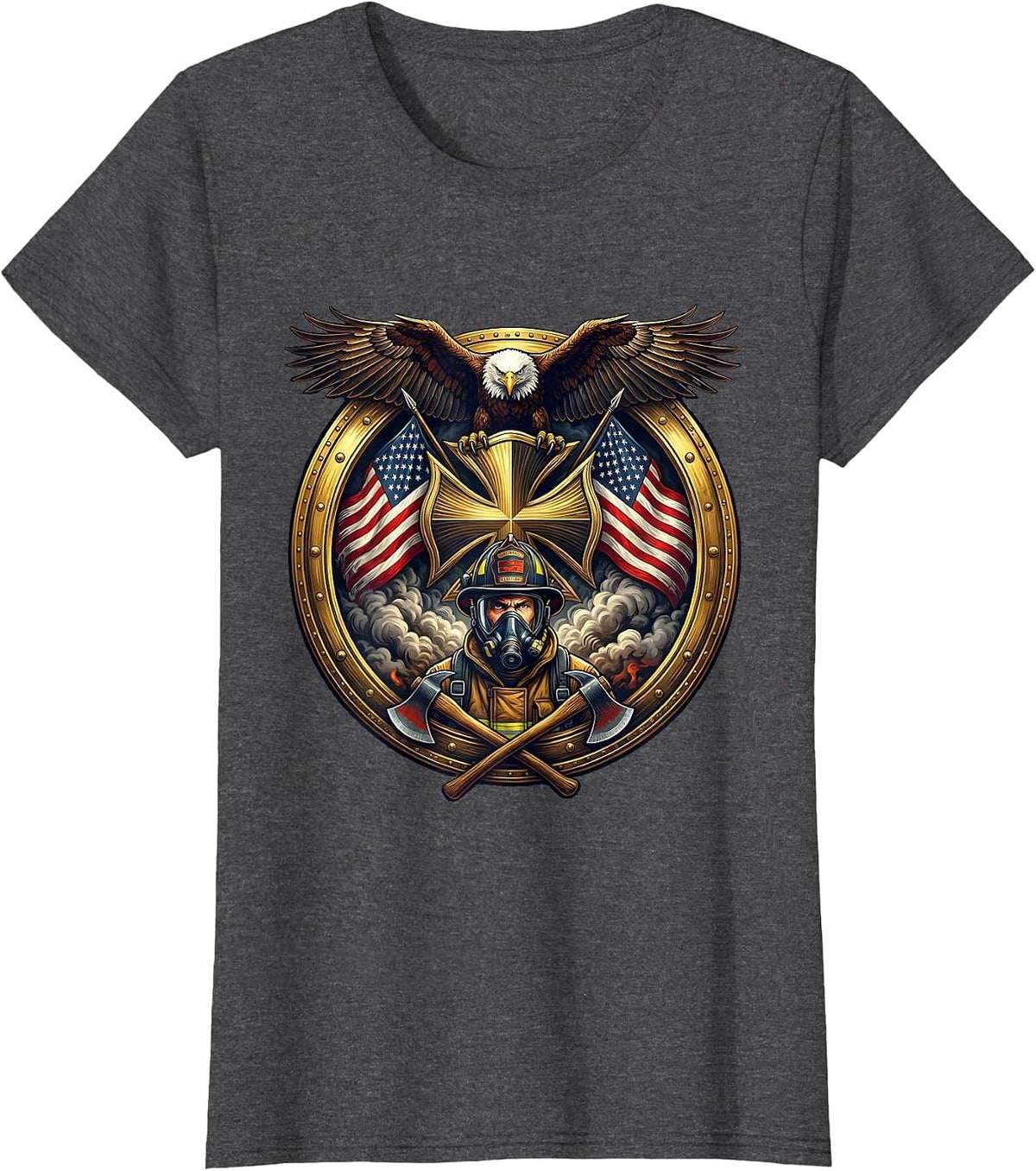 Women's Firefighter Emerging From Smoke Oxygen Mask T-Shirt - Dark Heather Grey