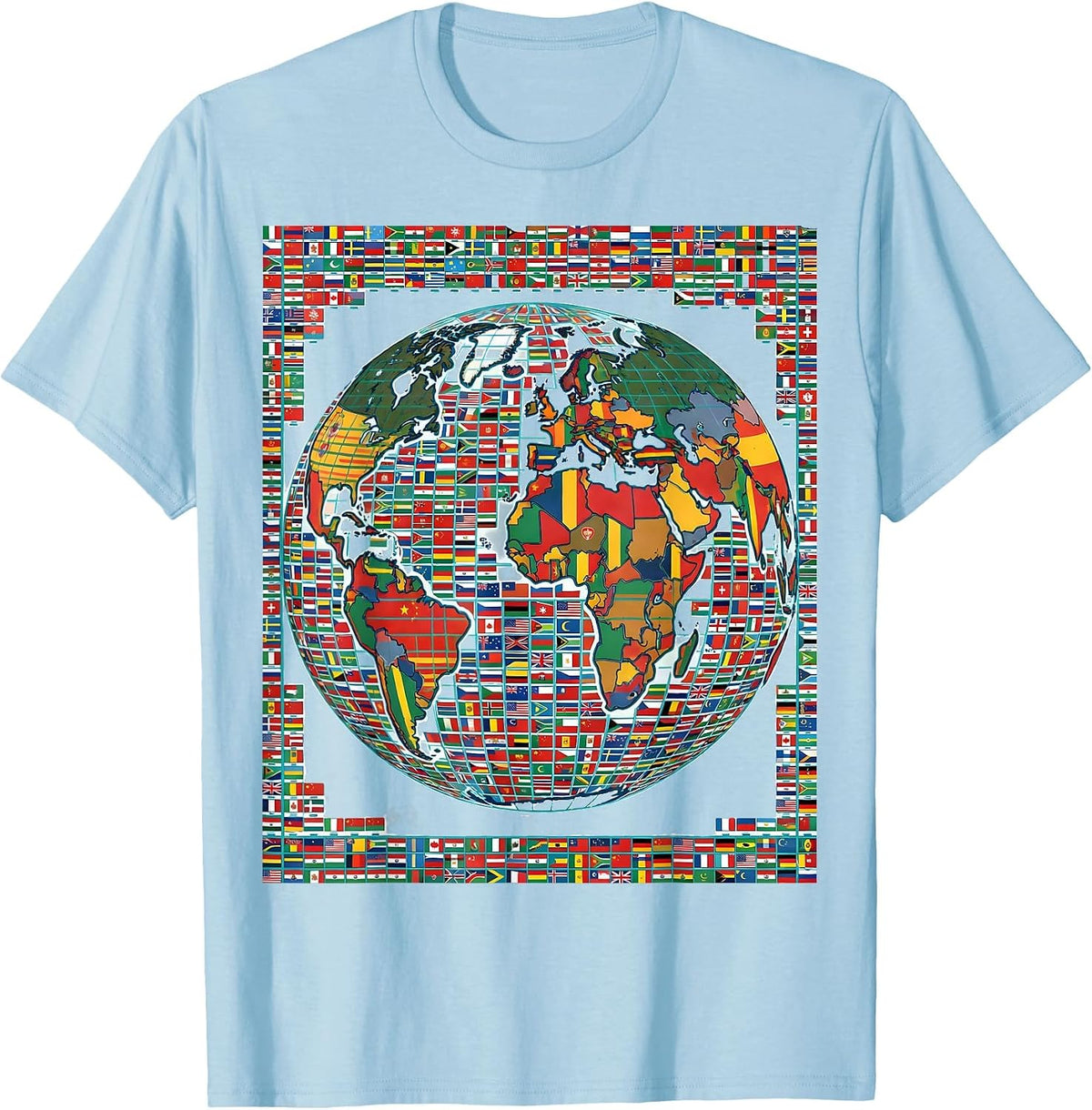 Men's World Map Flag Tiles Geography Reference Cultural Unity T-Shirt - Baby Blue