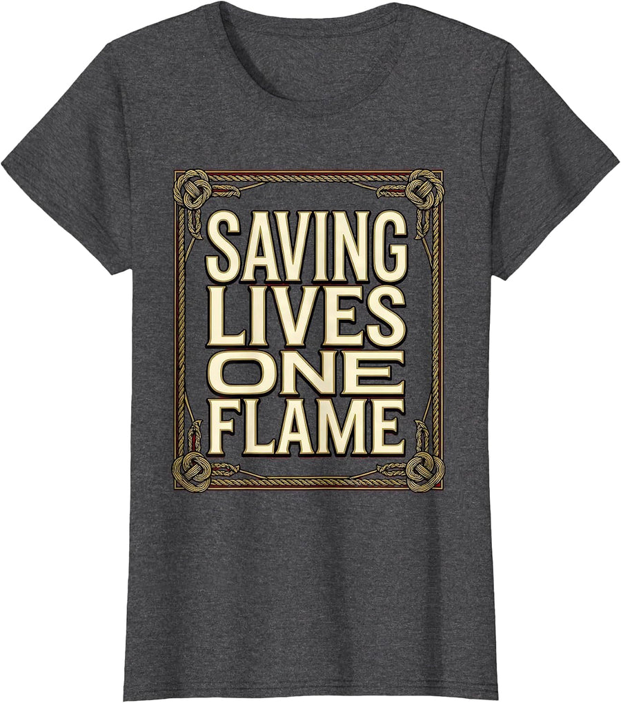 Women's Saving Lives One Flame Firefighter Design T-Shirt - Dark Heather Grey
