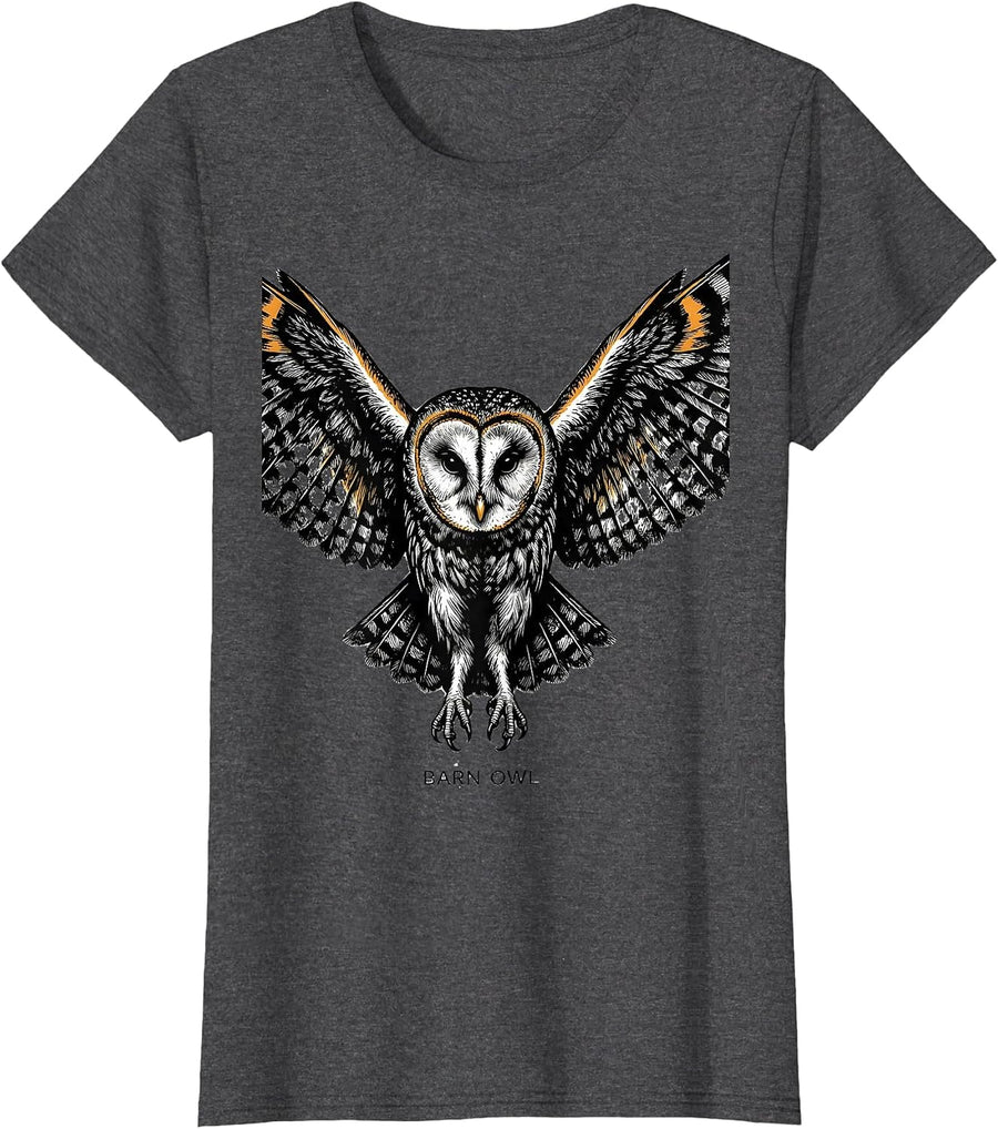 Women's Barn Owl Scratchboard Funny Owl Lover Bird Enthusiast T-Shirt - Dark Heather Grey