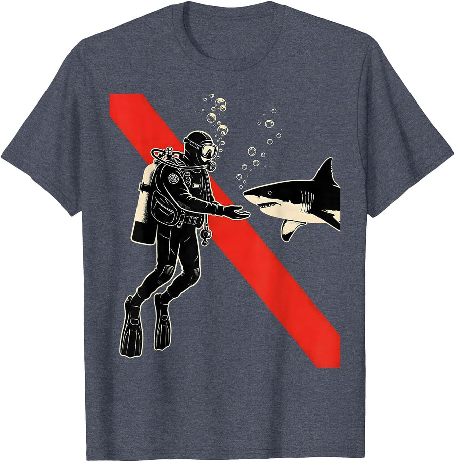 Diver Shark Flag Screenprint Poster Scuba Diving Gift T-Shirt - Heather Blue