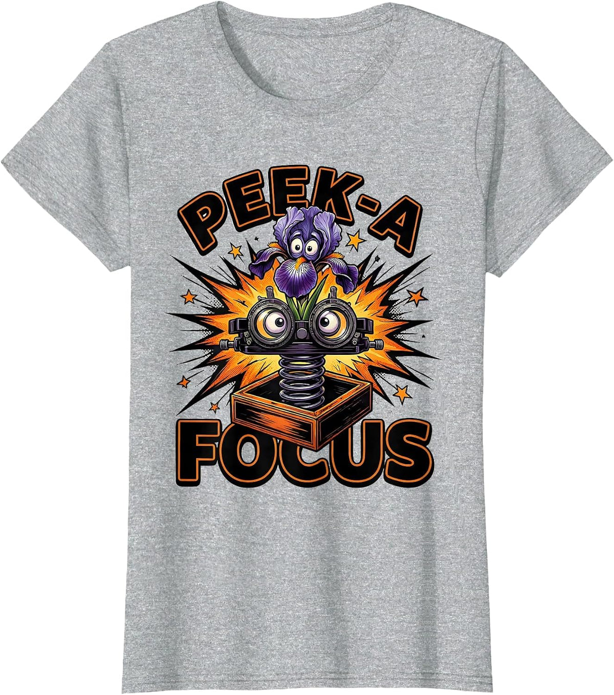 Women's Peek-a-Focus Comic Book Halloween Optometrist Eye Doctor T-Shirt - Heather Grey