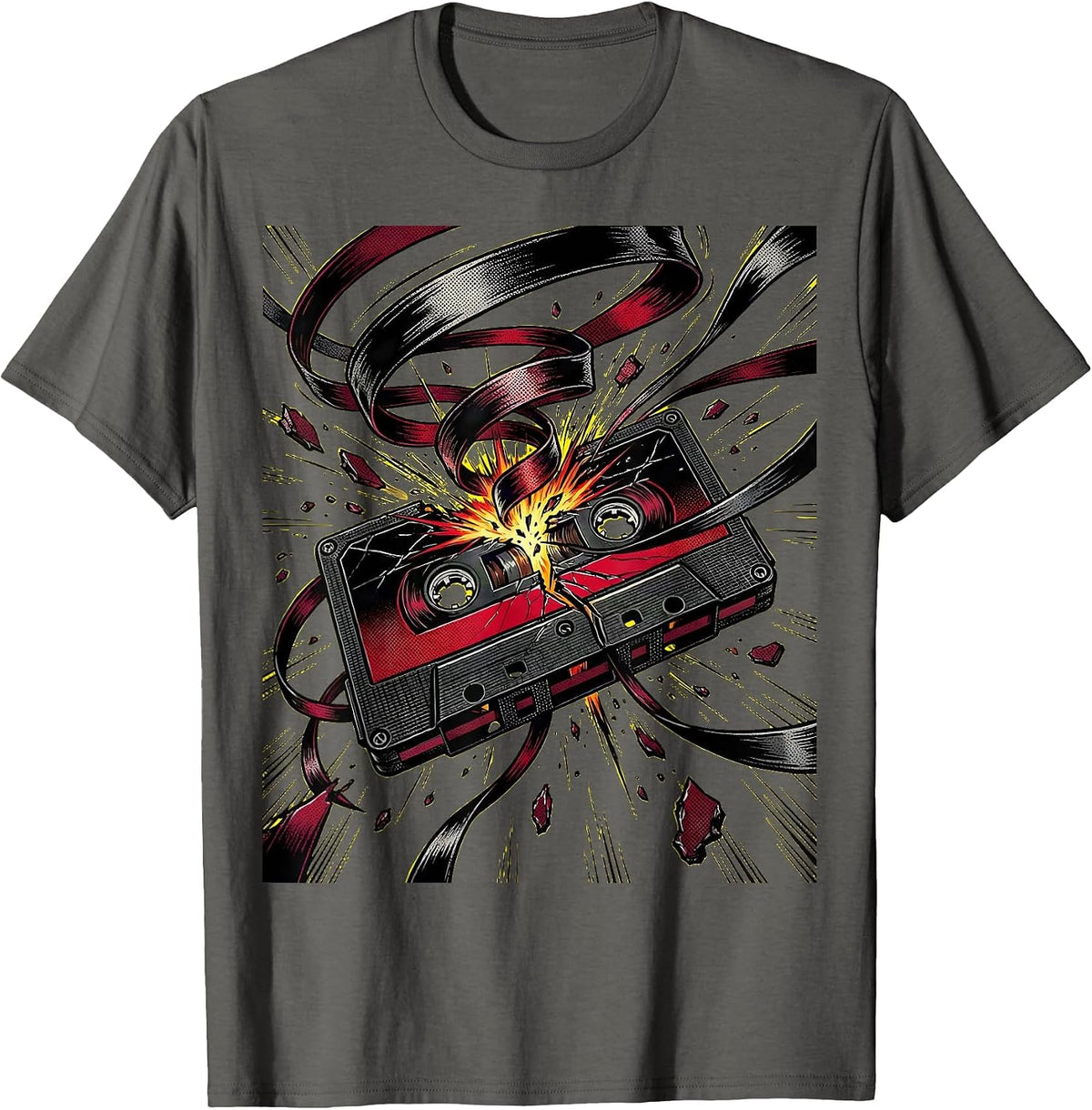 Cassette Tape Unraveling Wind Rock Music Graphic T-Shirt - Asphalt Grey