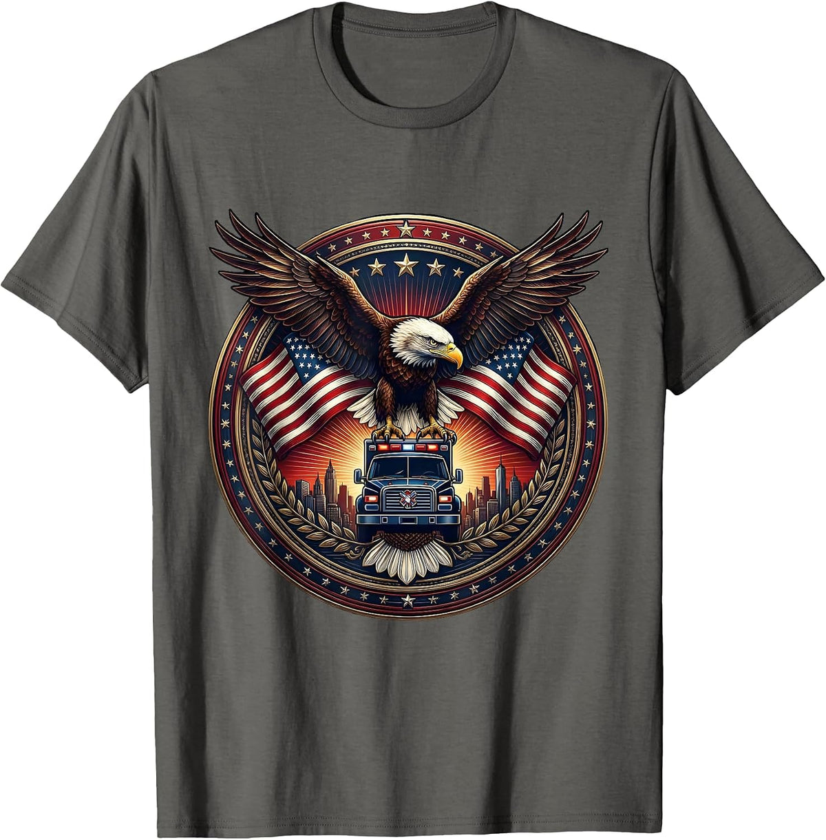 EMT Ambulance City Skyline Sunset Silhouette T-Shirt - Asphalt Grey