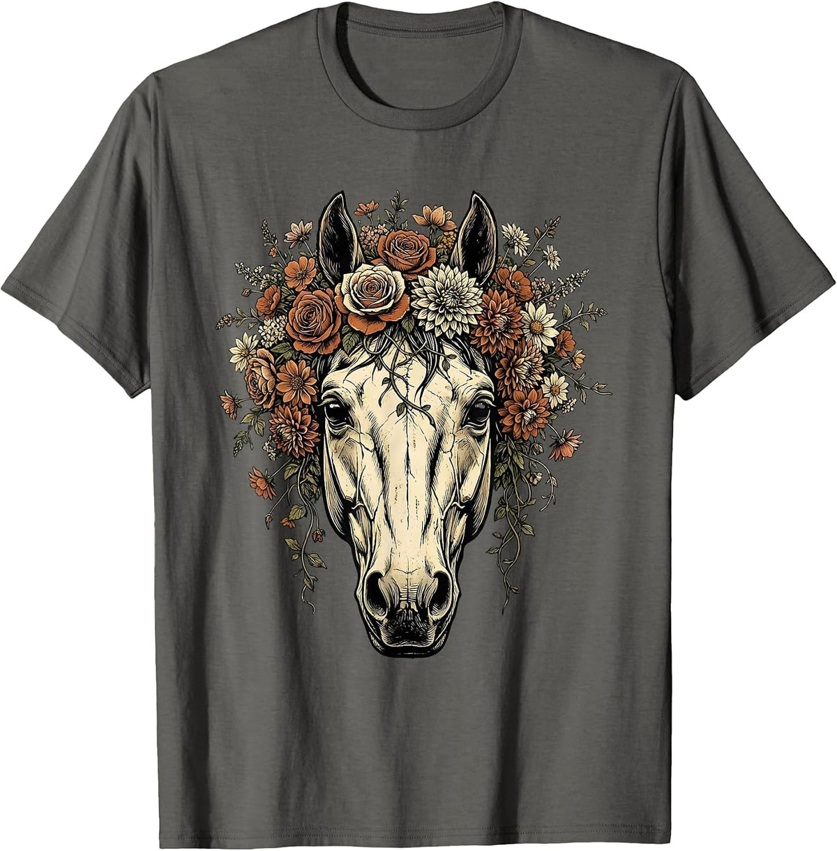 Horse Skull Floral Crown Gothic Nature Art T-Shirt - Asphalt Grey