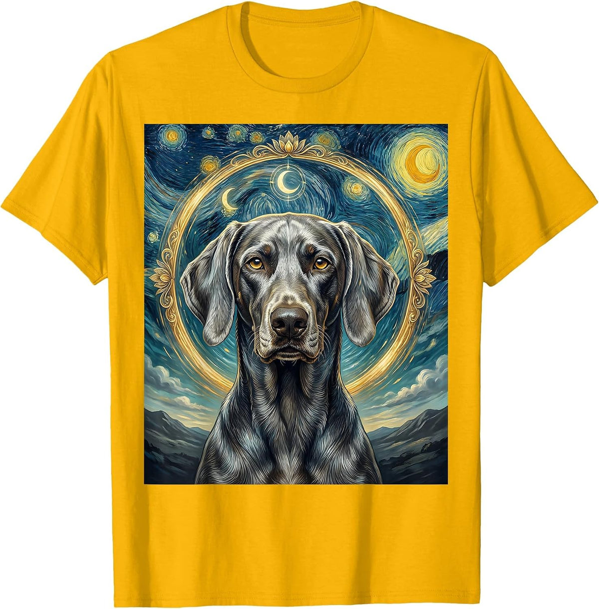 Sleek Weimaraner Van Gogh Starry Night Art Portrait T-Shirt - Golden Yellow