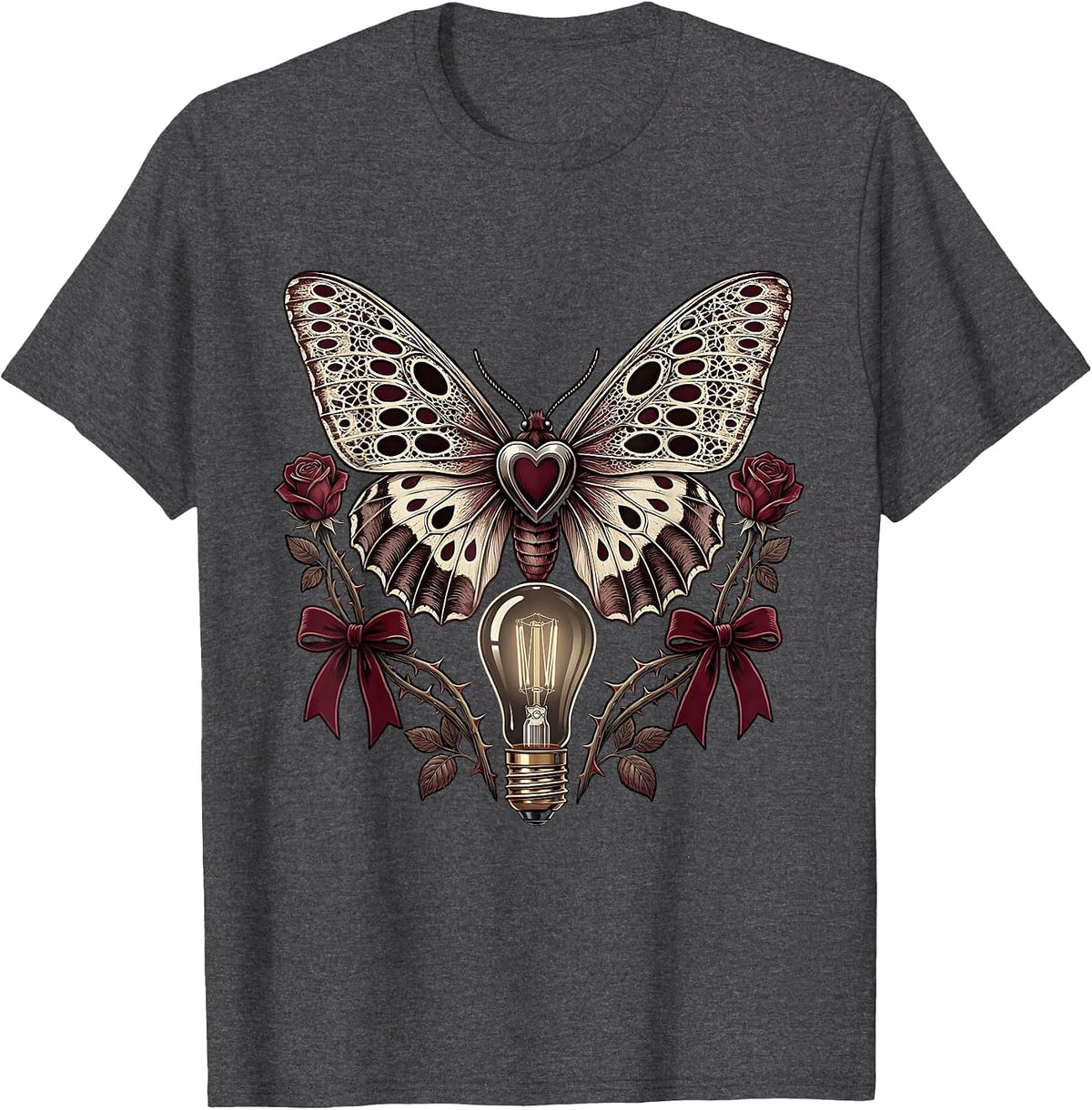 Moth and Vintage Light Bulb Rock Band Graphic T-Shirt - Dark Heather Grey