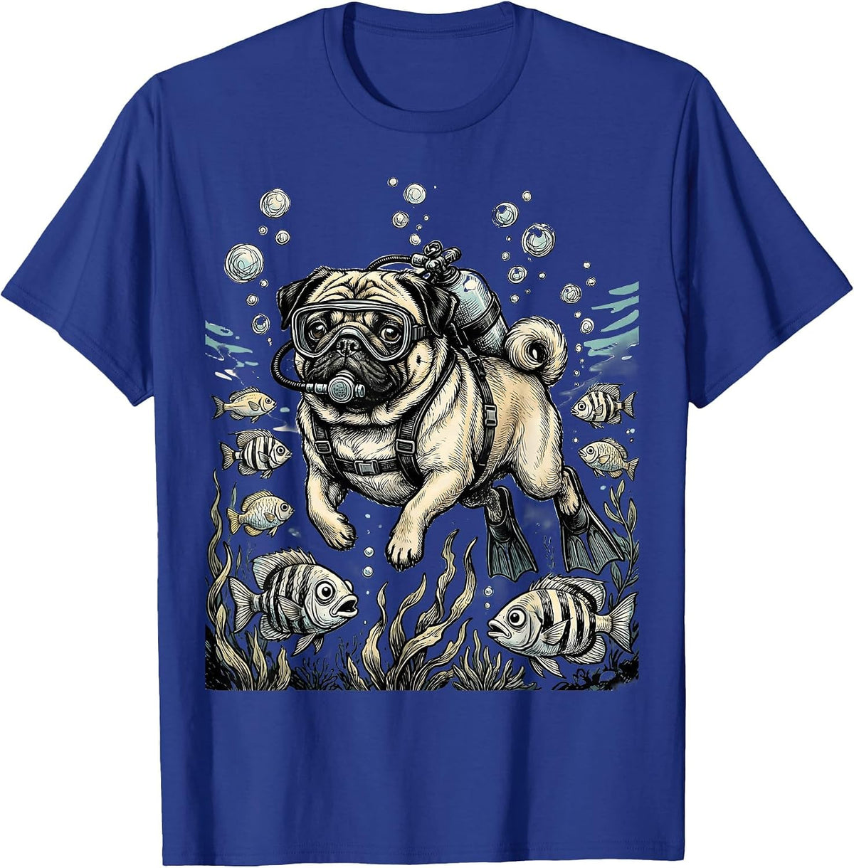Pug Scuba Diver Underwater Adventure Graphic T-Shirt - Royal Blue
