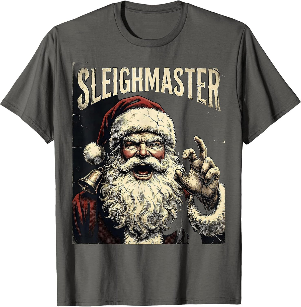 Sleighmaster Distressed Heavy Metal Rock Santa Christmas T-Shirt - Asphalt Grey